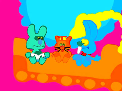 artwork showing three creatures on an orange couch