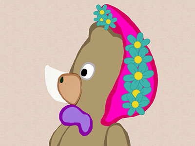 drawing of brown bear with a pink headwrap