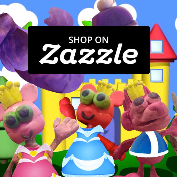 A colorful image of clay figures with text over the image that read "Shop on Zazzle"